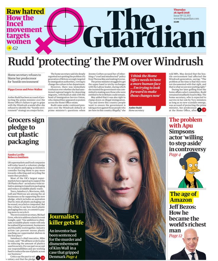 Guardian front page - 26/04/18