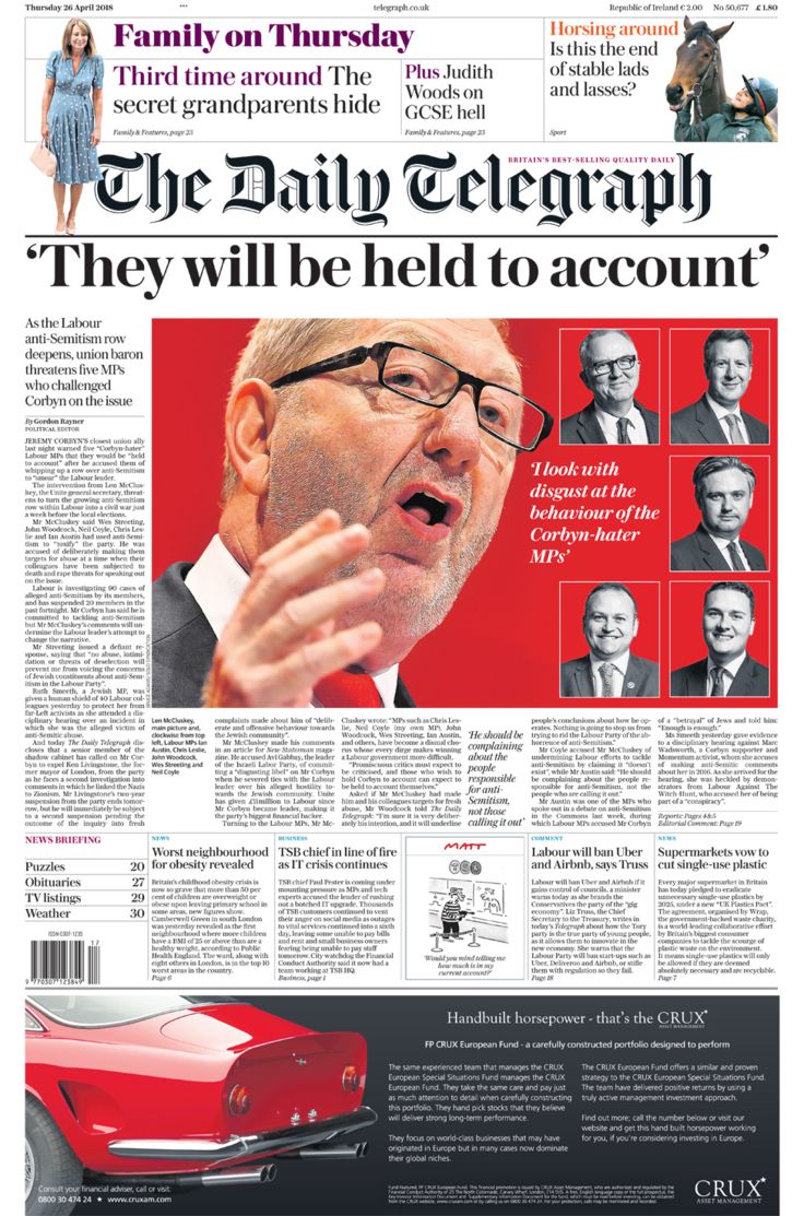 Daily Telegraph front page - 26/04/18