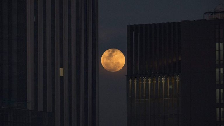 Siêu trăng đang lên giữa hai tòa nhà cao tầng ở Bangkok, Thái Lan.