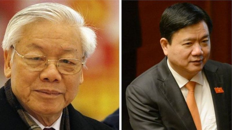 Tổng bí thư Nguyễn Phú Trọng (trái) nói việc kỷ luật ông Đinh La Thăng mới chỉ 'về mặt Đảng'