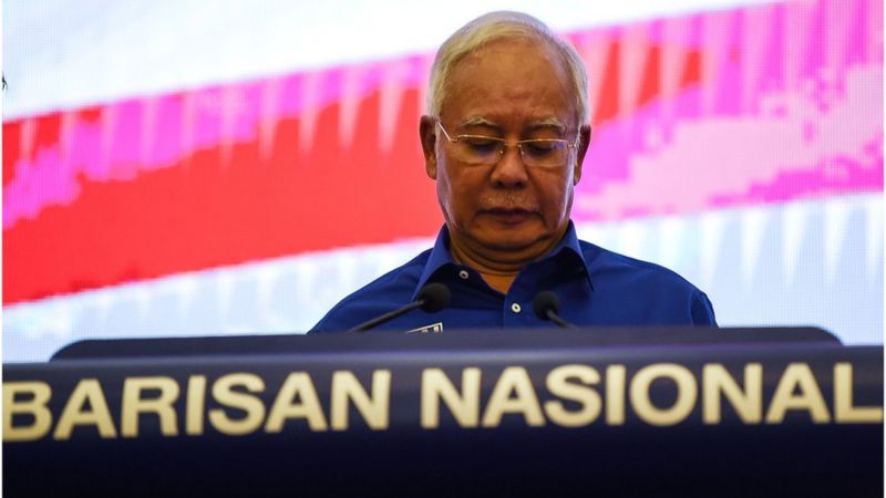 Outgoing Malaysian prime minister Najib Razak speaks to media on 10 May after his party lost the election