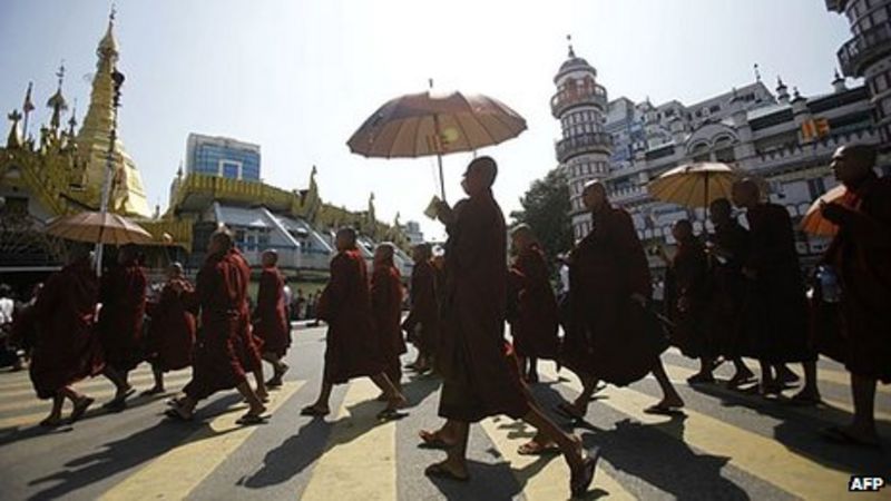 Buddhist monks take part in a demonstration against the Organisation of the Islamic Conference in Rangoon, in October 2012
