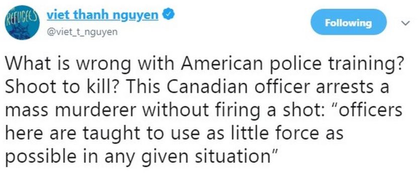 "What is wrong with American police training? Shoot to kill? This Canadian officer arrests a mass murderer without firing a shot: “officers here are taught to use as little force as possible in any given situation”"