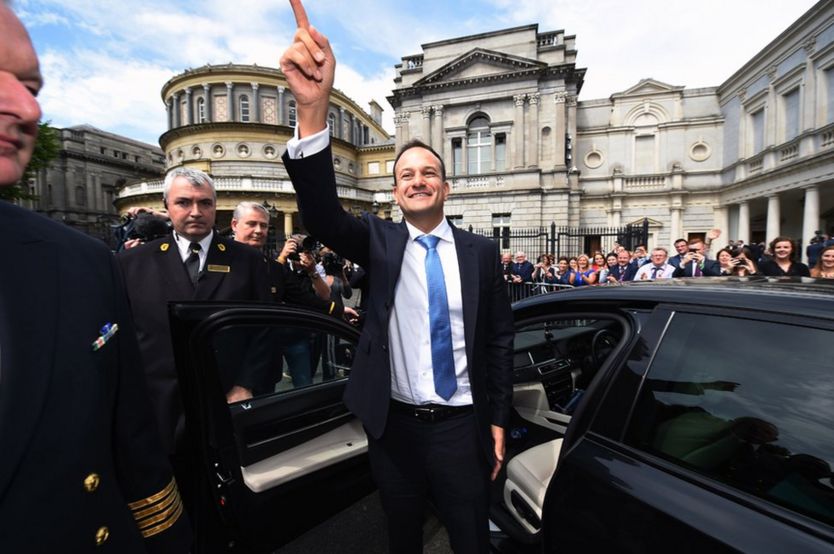 New Irish taoiseach Leo Varadkar waves to well-wishers at Leinster House after being elected as taoiseach on 14 June 2017 in Dublin, Ireland.