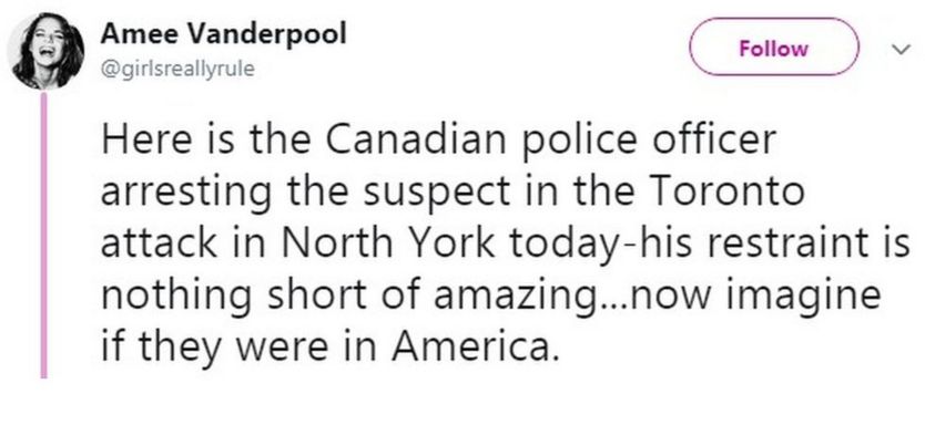"Here is the Canadian police officer arresting the suspect in the Toronto attack in North York today-his restraint is nothing short of amazing...now imagine if they were in America."