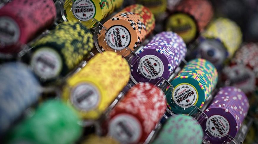 Casino chips are displayed at the Global Gaming Expo Asia in the world's biggest gambling hub of Macau.