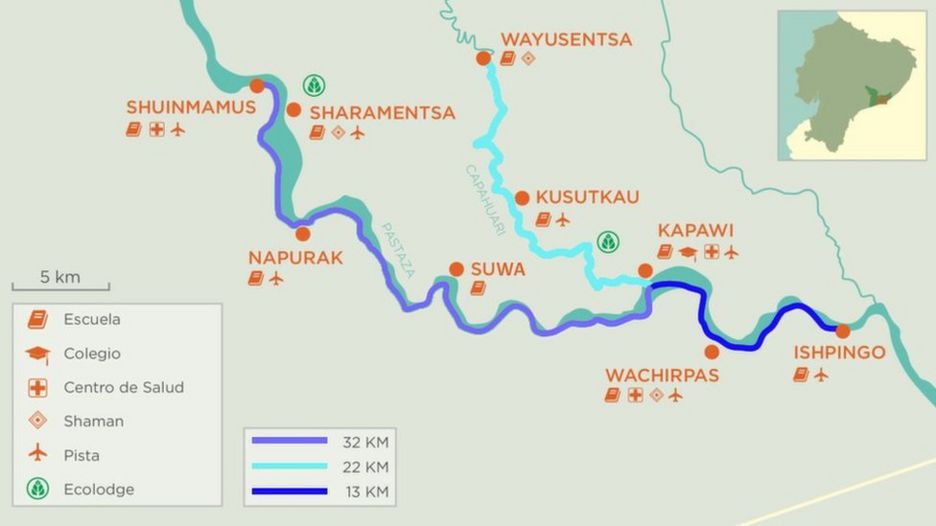 Mapa de las comunidades que recorre la canoa