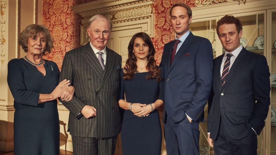 Camilla (Margot Leicester), King Charles III (Tim Pigott-Smith), Kate Middleton (Charlotte Riley), Prince William (Oliver Chris), Prince Harry (Richard Goulding) in King Charles III