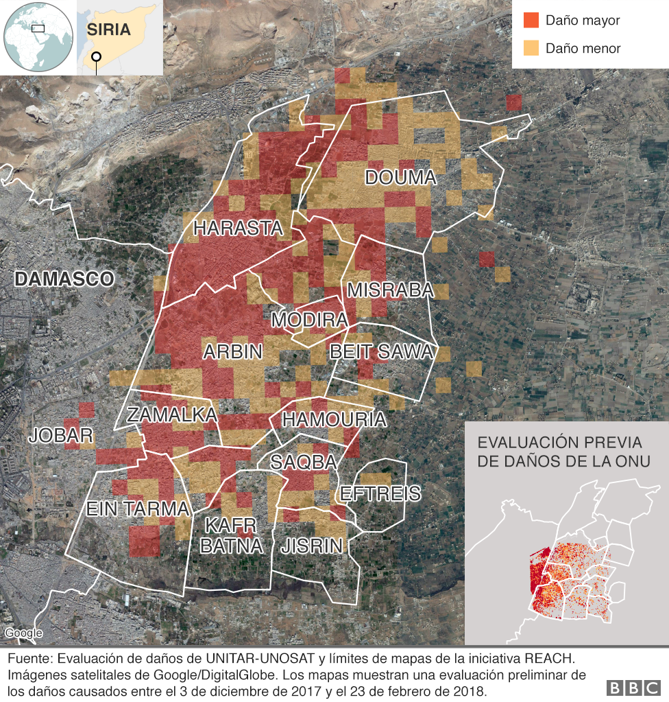 Mapa que muestra los niveles de destrucción en Guta Oriental, Siria, desde diciembre de 2017 hasta febrero de 2018