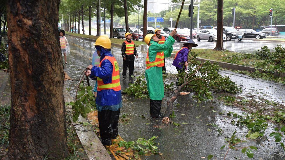 深圳街头环卫城管人员清理塌树（中新社图片23/8/2017）
