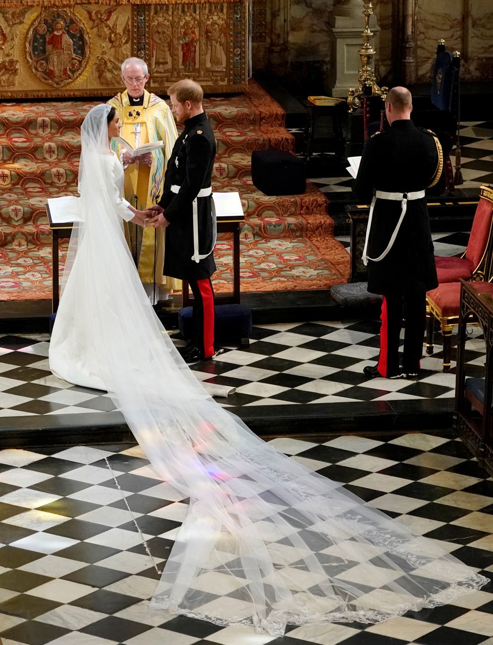 Meghan Markle in St George"s Chapel at Windsor Castle during her wedding to Prince Harry