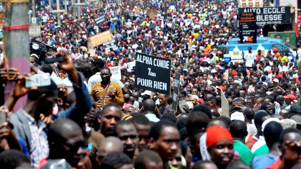 Thousands of supporters of the opposition in Guinea demonstrate in Conakry on 2 August to demand local elections be held after a 12-year absence