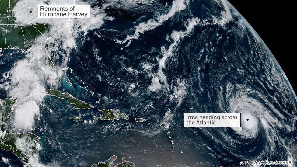 Satellite image of Hurricanes Harvey and Irma