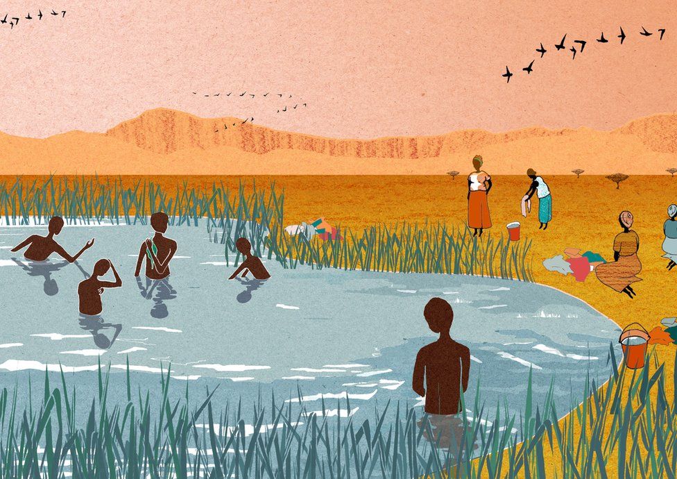 Illustration showing people bathing in Lake Victoria