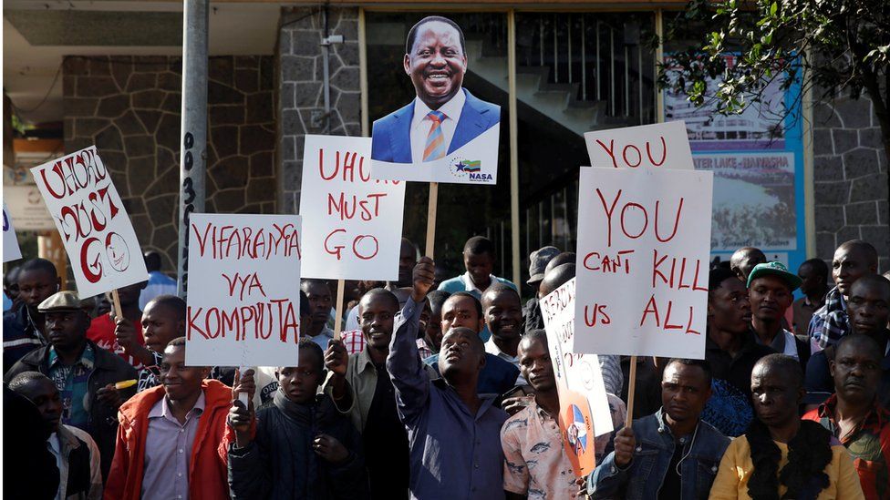 Supporters of Kenyan opposition leader Raila Odinga, from the National Super Alliance (NASA), coalition protest outside the Supreme Court in Nairobi, Kenya August 18, 2017.