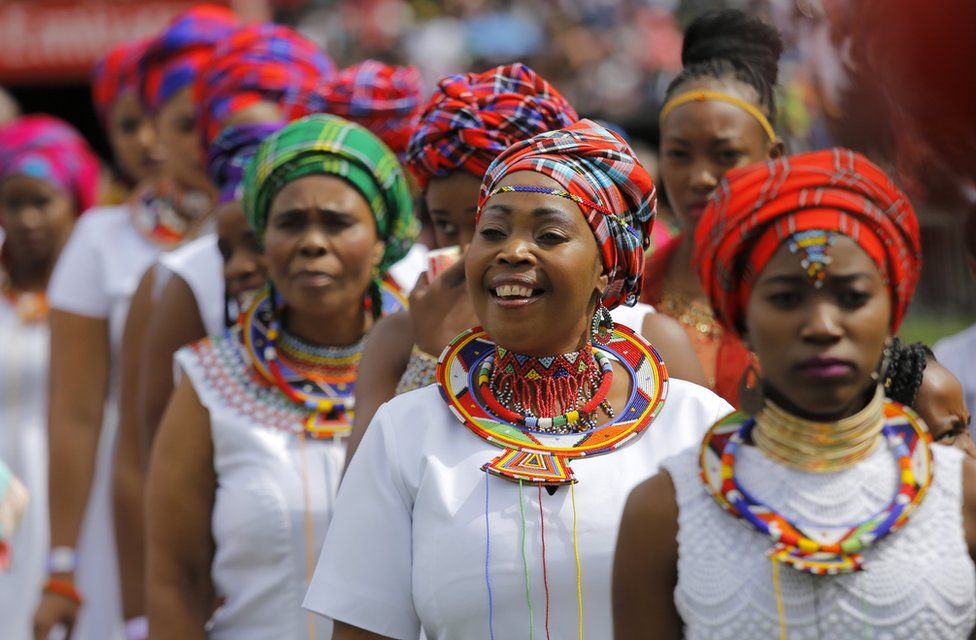 Praise singers in traditional regalia dressed up for mass church service in Johannesburg, South Africa. EPA/Photo - 14 April 2017