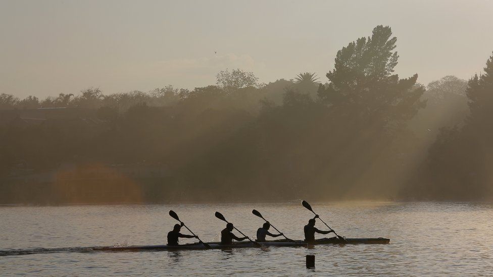 Canoeists on Emmarencia Dam in central Johannesburg, South Africa - Tuesday 3 October 2017