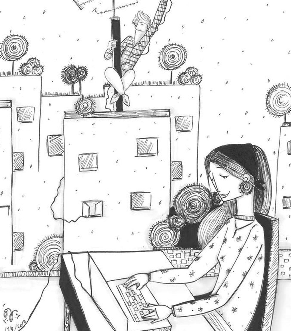 Na ilustração, homem concerta antena e mulher usa notebook
