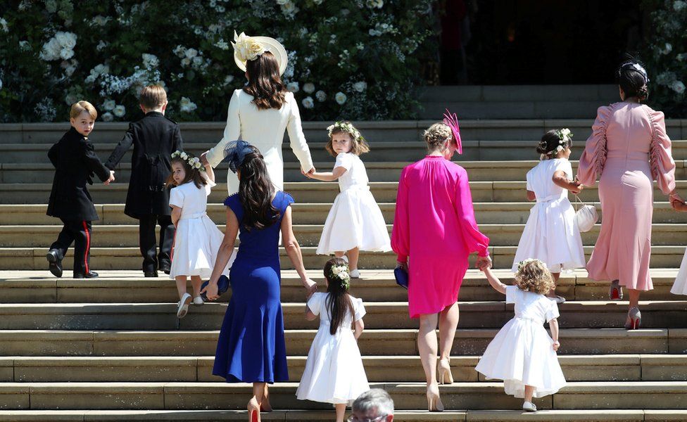 The Duchess of Cambridge arrives with the bridesmaids at St George"s Chapel at Windsor Castle