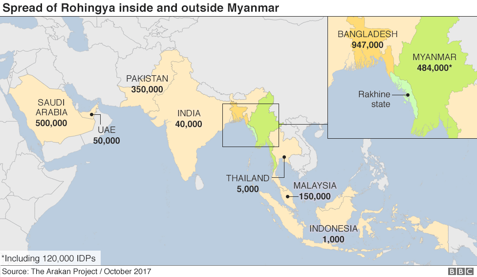 Map showing spread of Rohingya inside and outside Myanmar