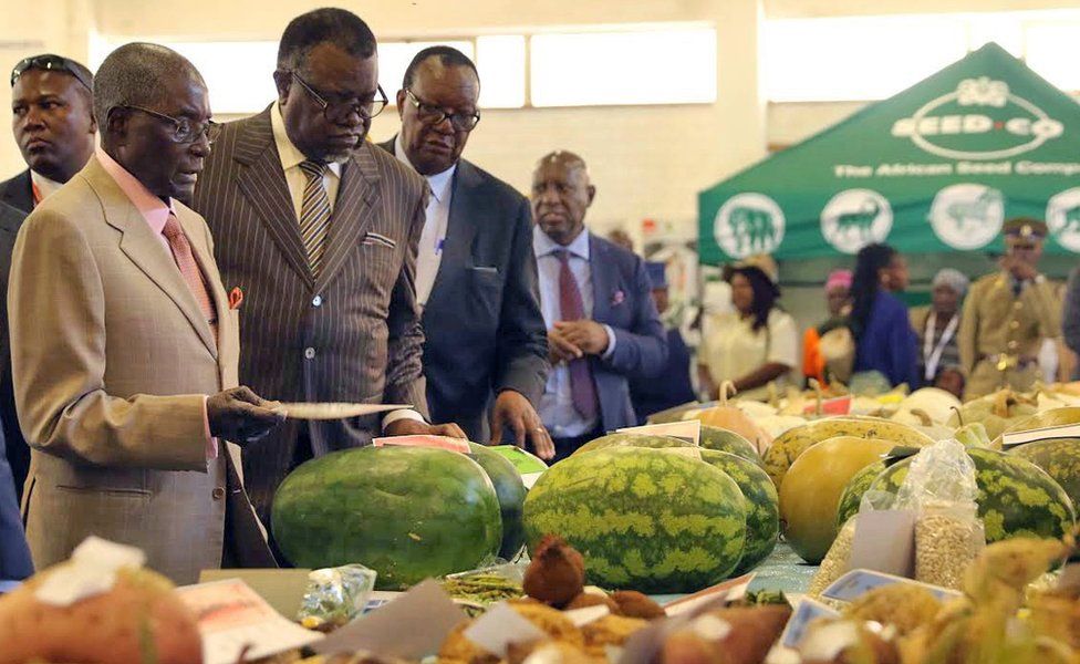 Zimbabwean President Robert Mugabe (L) and his Namibian counterpart Hage Geingob (2-L) and Zimbabwean Minister of Agriculture Sen Joseph Mtekwese Made (3-L) visit one of the exhibition stands at the 2017 edition of the Zimbabwe International Trade Fair in Bulawayo, Zimbabwe, 28 April 2017. The fair is for local and international traders and business people to showcase ideas and new products