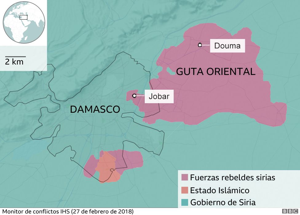 Mapa que muestra las áreas de control alrededor de Damasco y Guta Oriental