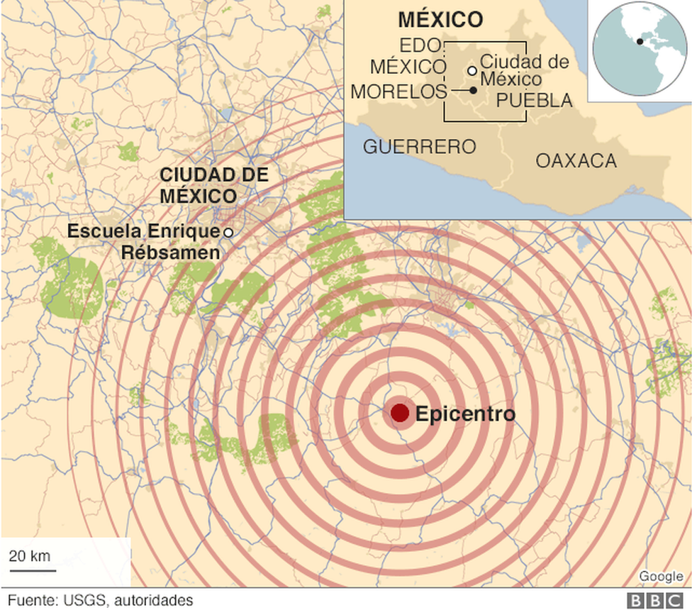 Mapa del epicentro del terremoto del 19 de septiembre en México.