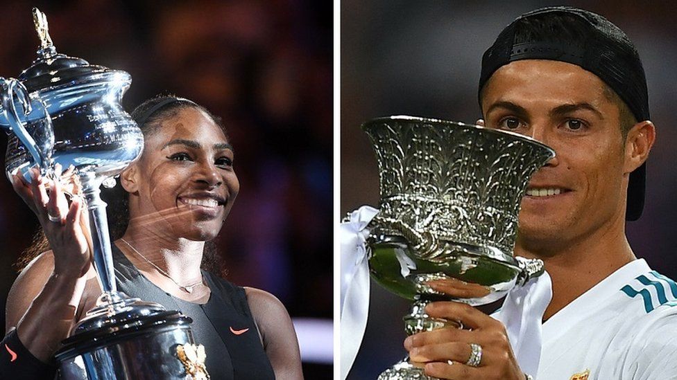 Serena Williams and Cristiano Ronaldo holding trophies