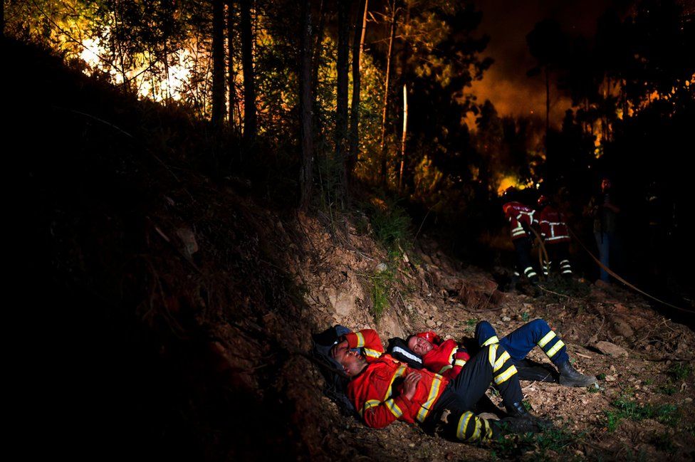 Bombeiros deitados na floresta, com chamas ao fundo.