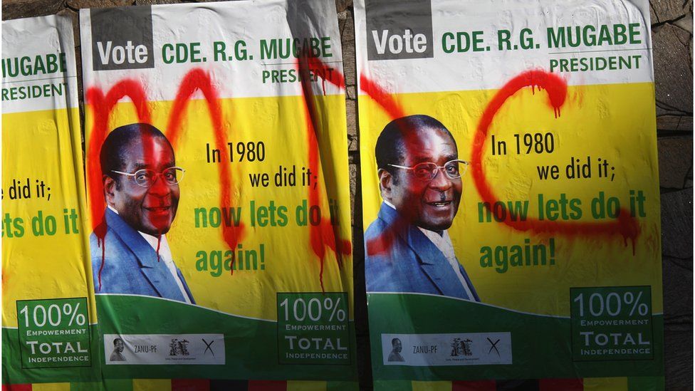 Posters for President Robert Mugabe are covered with graffiti for the opposition Movement for Democratic Change in Harare, Zimbabwe - 27 June 2008
