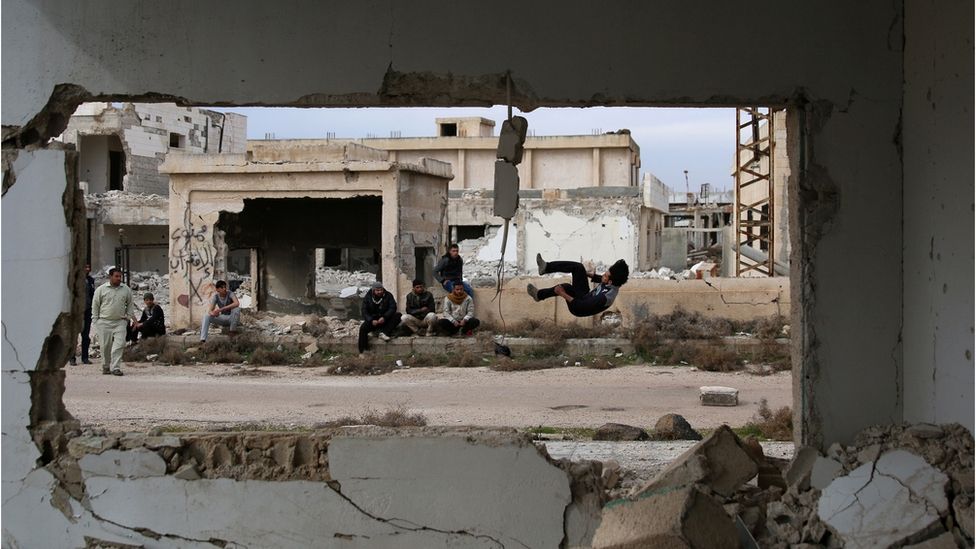 پارکور در شهر انخل در جنوب سوریه
