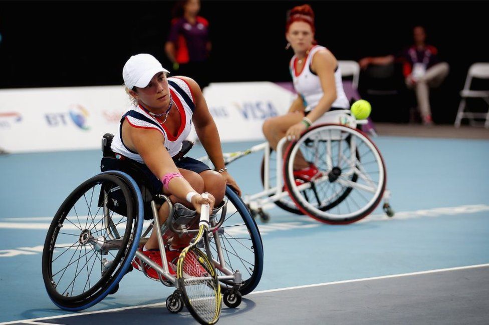 Lucy Shuker (L) and Jordanne Whiley (R) compete in the Women's Doubles Wheelchair Tennis at London 2012 Paralympic Games