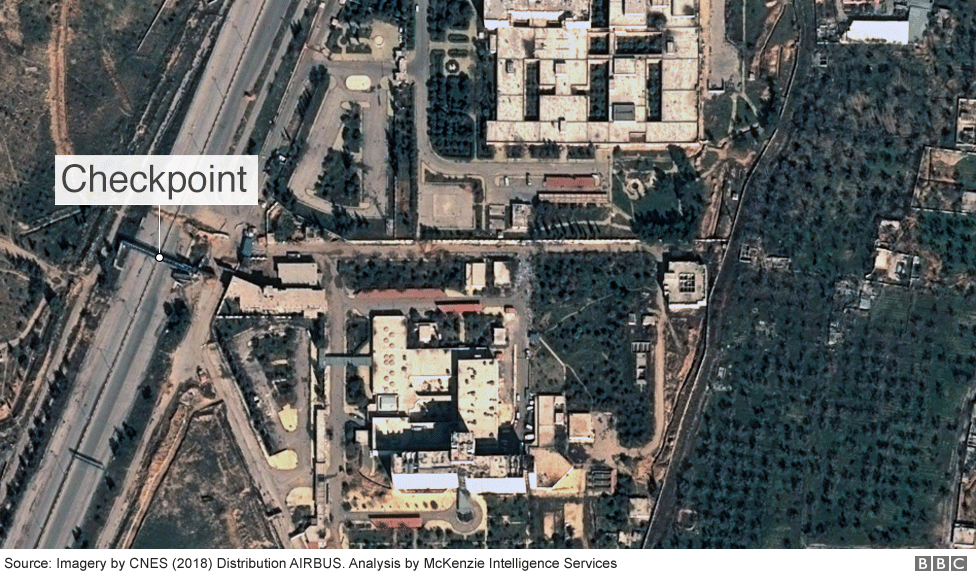 Satellite image of a roadblock near a hospital, Eastern Ghouta