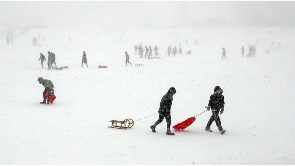 People sledging during blizzards in Whitley Bay, North Tyneside