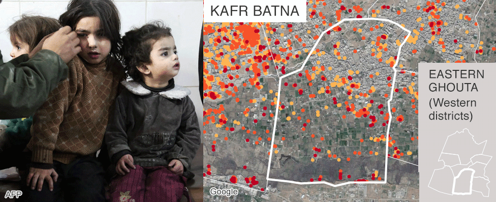 Map showing damage in Kafr Batna, Eastern Ghouta