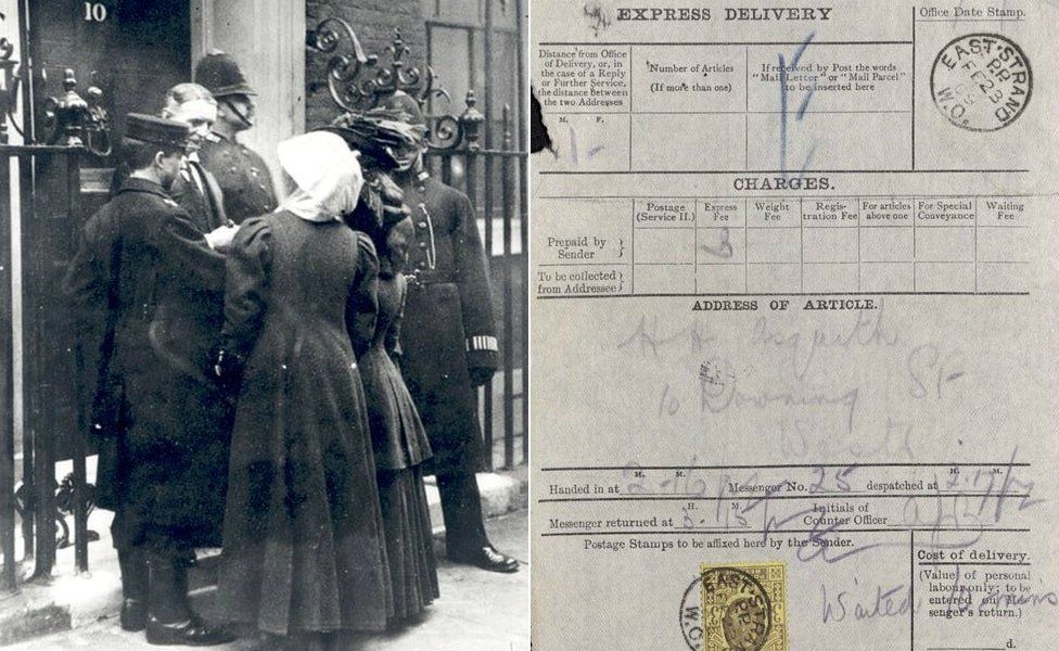 Suffragettes being delivered to 10 Downing Street/Delivery note