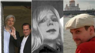 Julian Assange (com ministro equatoriano), Chelsea Manning e Edward Snowden. Foto: montagem