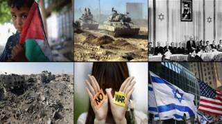 Montaje fotográfico sobre el conflicto entre israelíes y palestinos (Imágenes -de izq. a der.- de Getty, AP, AFP, Reuters, AP y Getty)