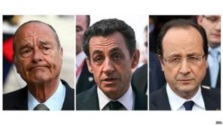 Los presidentes de Francia entre 2006 y 2012: Jacques Chirac, Nicolas Sarkozy y Francois Hollande.