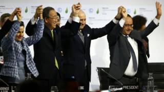 Christiana Figueres, Ban Ki-moon. Laurent Fabius y Francois Hollande.