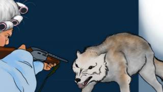 En el cuento de Caperucita Roja de la NRA, la abuela amenaza al lobo con una escopeta.