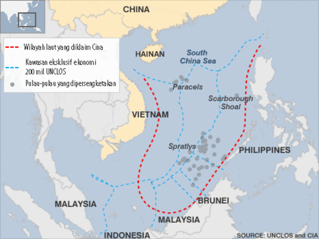  Peta wilayah yang diklaim Cina, yang ditandai dengan sembilan garis putus-putus atau nine-dashed lines. 