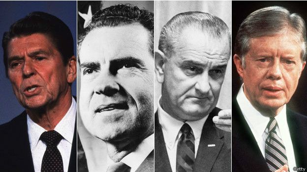 Los presidentes Reagan, Nixon, Johnson y Carter