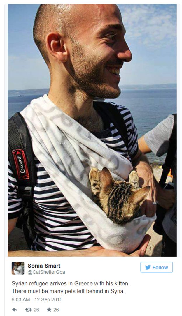 Hombre sirio que llegó a Grecia con su gato