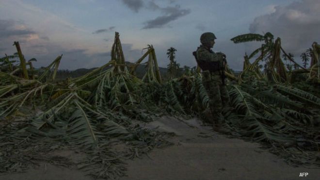 Soldado vigila platanales afectados por el huracán Patricia en costas de Jalisco, México. Foto: AFP/Getty